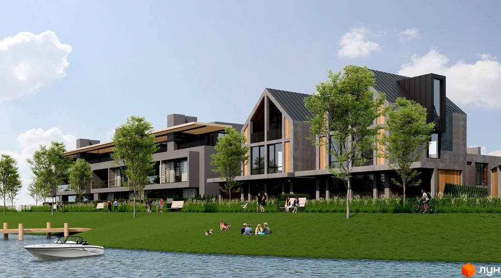 Котеджний комплекс КМ Concept Riviera з фасадами з бетону та дерева, розташований біля води з доглянутою зеленою зоною та відпочиваючими людьми.