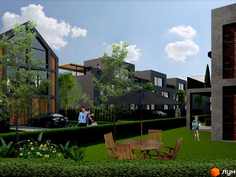 Котеджне містечко КМ Concept Riviera з сучасними будинками та доглянутою прибудинковою територією з газоном та місцями для відпочинку.