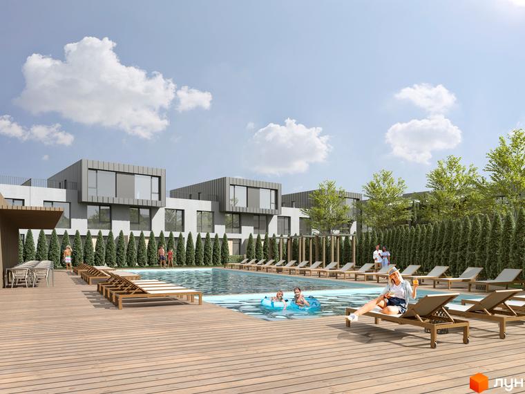 Котеджне містечко Concept Riviera з басейном та шезлонгами. Сучасна архітектура будинків та зелена прибудинкова територія.