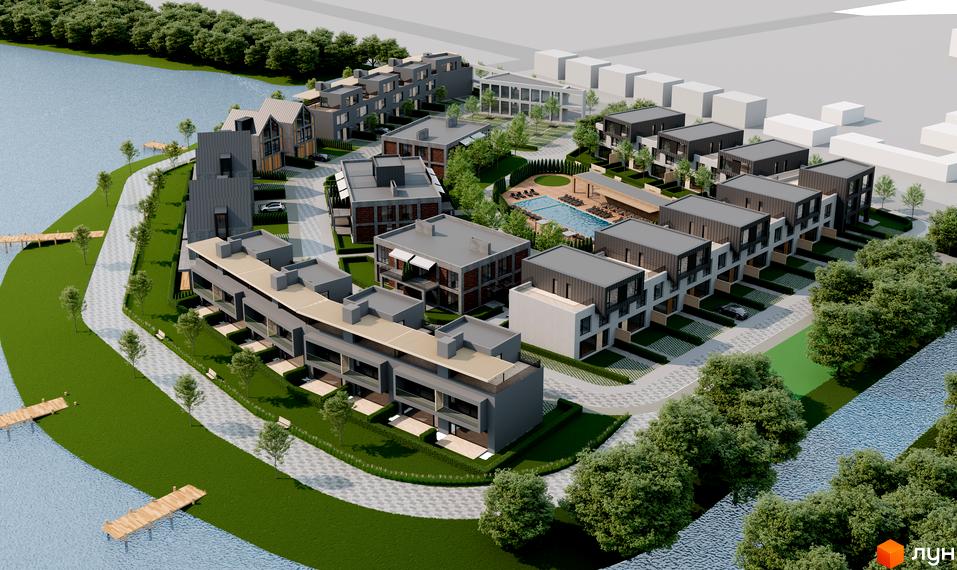 Котеджне містечко Concept Riviera з сучасними будинками та басейном біля води. На території комплексу є доглянута прибудинкова територія з деревами та пішохідними доріжками.