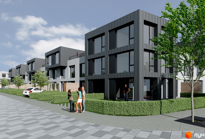 Котеджне містечко КМ Concept Riviera. Сучасні будинки з великими вікнами та доглянутою прибудинковою територією з кущами та деревами.