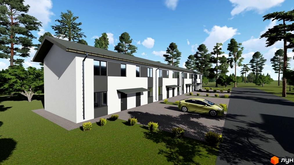 Таунхауси „Житомирський дворик“: двоповерхові будинки з біло-сірими фасадами та прибудинковою територією з газоном та деревами. Автомобіль припаркований біля будинку.