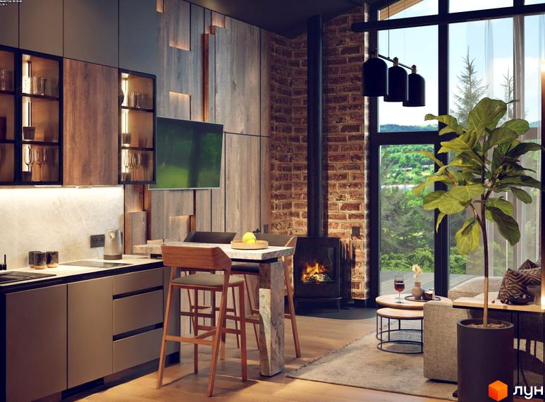 Інтер'єр кухні-вітальні з каміном та панорамним вікном у КМ Greenhill chalet. Дизайн у стилі лофт з дерев'яними елементами та цегляною кладкою.