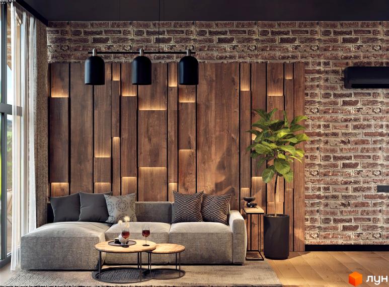 Дизайн вітальні в КМ Greenhill chalet з дерев'яною стіною та цегляною кладкою. Затишна атмосфера для відпочинку та зустрічей.
