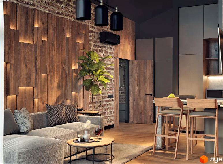 Вітальня з дерев'яною стіною та цегляною кладкою в житловому комплексі КМ Greenhill chalet. Інтер'єр з диваном, кавовим столиком та барними стільцями.