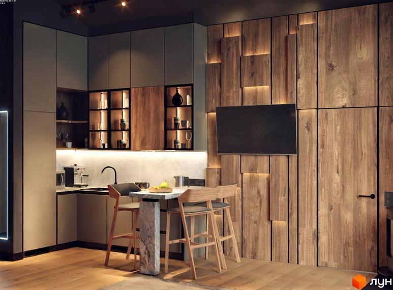 Інтер'єр кухні з барною стійкою та дерев'яною стіною з підсвіткою. КМ Greenhill chalet.