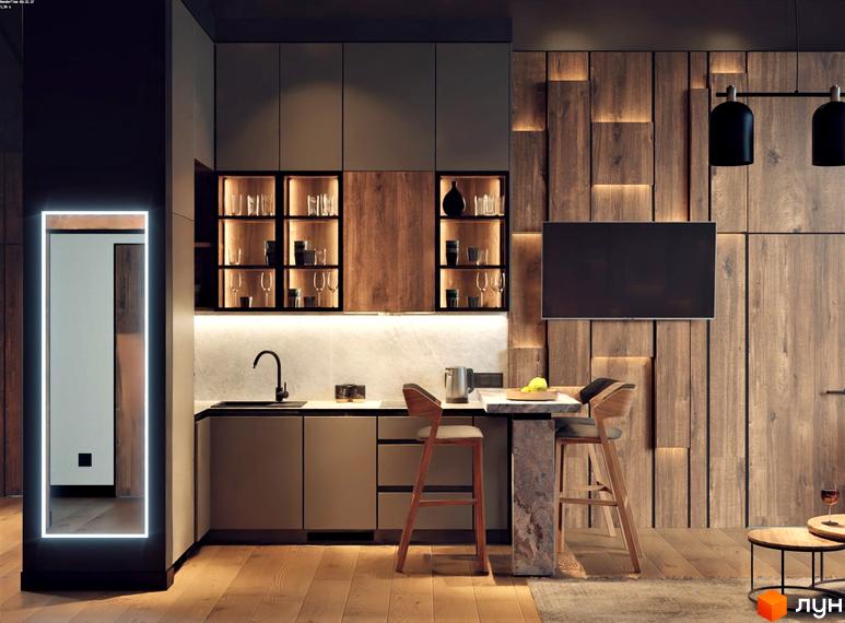 Інтер'єр кухні-вітальні в стилі лофт з дерев'яними панелями та барною стійкою. КМ Greenhill chalet – це котеджне містечко для комфортного життя.