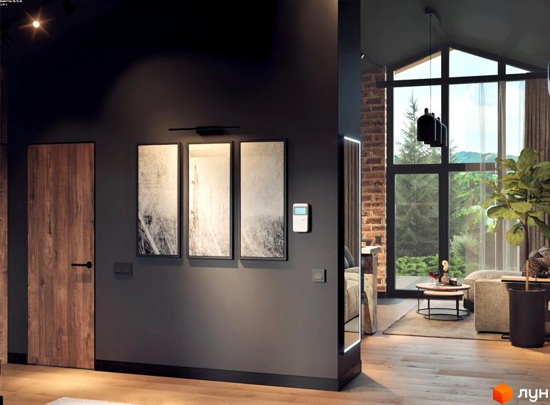 Інтер'єр квартири в ЖК Greenhill chalet з панорамними вікнами та видом на зелені насадження. Стильні картини та дерев'яні елементи створюють затишну атмосферу.