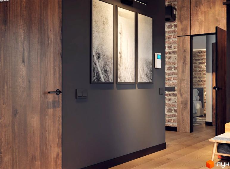 Інтер'єр квартири в Котеджному містечку Greenhill chalet з дерев'яними елементами та арт-об'єктами на стіні. Сучасний дизайн та функціональність простору.