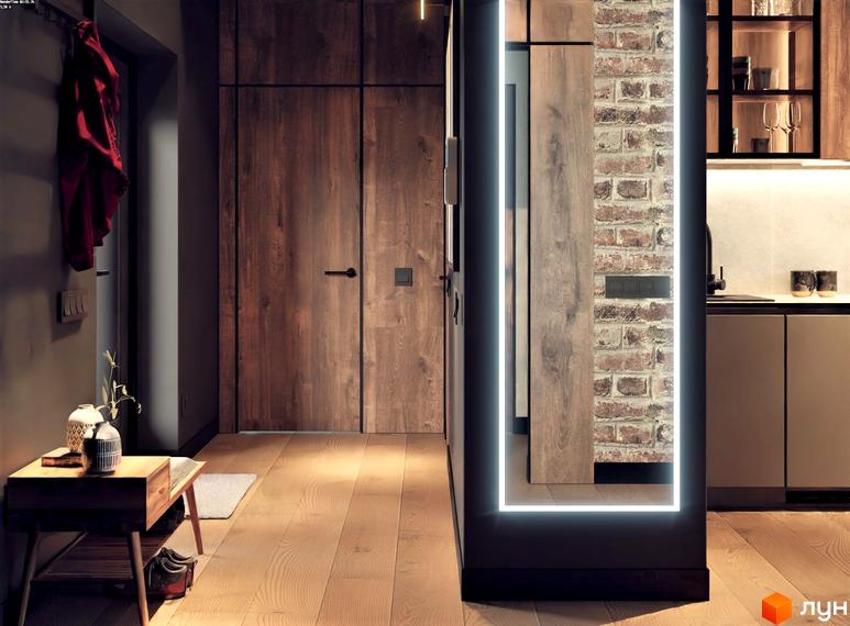 Котеджне містечко КМ Greenhill chalet: сучасний дизайн інтер'єру передпокою з дерев'яними елементами та цегляною стіною.