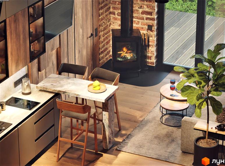 Інтер'єр кухні-вітальні в Котеджному містечку Greenhill chalet з каміном та обідньою зоною. Тераса з зеленню на задньому плані.