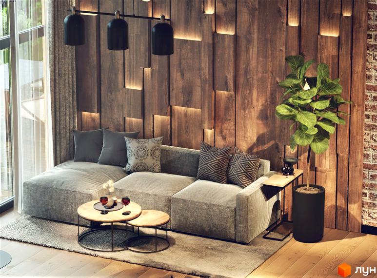Інтер'єр вітальні в котеджному містечку КМ Greenhill chalet з диваном, кавовими столиками та рослиною. Сучасний дизайн стін з дерев'яними панелями та підсвіткою.