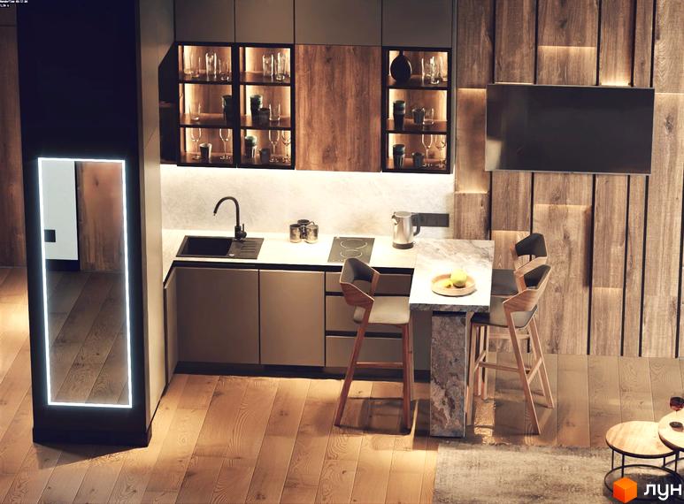 Котеджне містечко Greenhill chalet: стильна кухня з дерев'яними елементами та обідньою зоною. Сучасний дизайн інтер'єру.