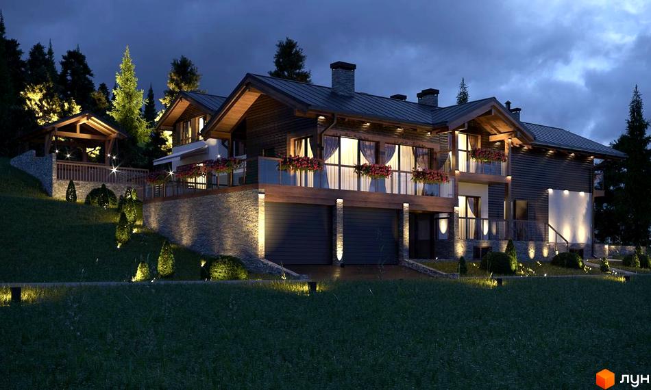 Таунхаус Swiss Chalet у вечірній підсвітці, з дерев'яним фасадом, кам'яною основою та доглянутим ландшафтом.