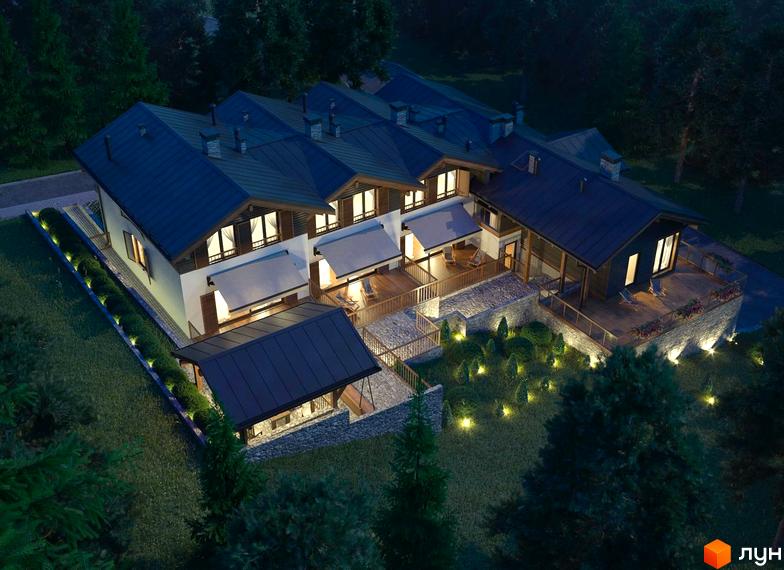 Таунхаус Swiss Chalet з темним дахом та кам'яним оздобленням фасаду, оточений освітленим ландшафтним дизайном з деревами та кущами.