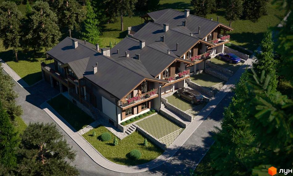 Таунхаус Swiss Chalet - триповерхові будинки з темним дахом та балконами, розташовані на доглянутій території з парковкою та зеленню.