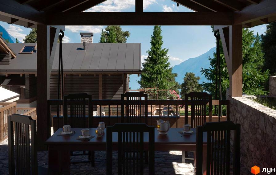 Таунхаус Swiss Chalet з терасою та видом на гори. Затишна обідня зона на відкритому повітрі з дерев'яними меблями.