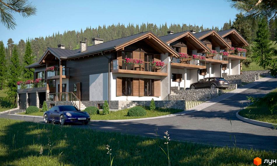 Таунхаус Swiss Chalet у гірському стилі з дерев'яними елементами та балконами з квітами. Навколо будівель – доглянута територія з газоном та дорогою.