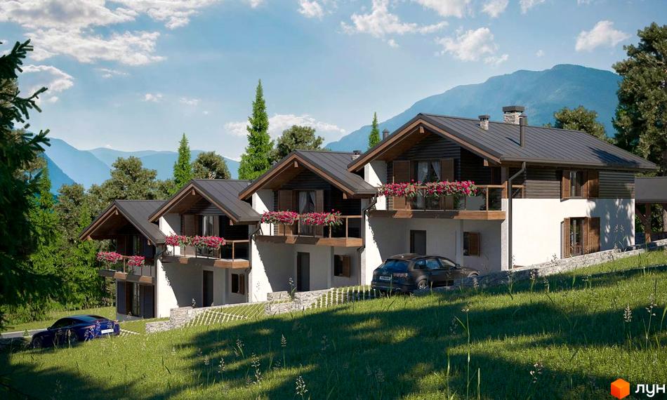 Таунхаус Swiss Chalet у швейцарському стилі з дерев'яними фасадами та балконами з квітами, розташований на схилі гори серед зелені та гір.
