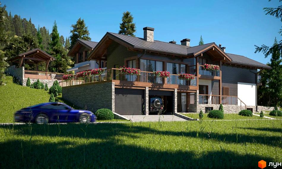 Таунхаус Swiss Chalet з дерев'яним оздобленням та кам'яним цоколем, розташований на схилі гори біля лісу. На прибудинковій території зелений газон та доглянуті кущі.