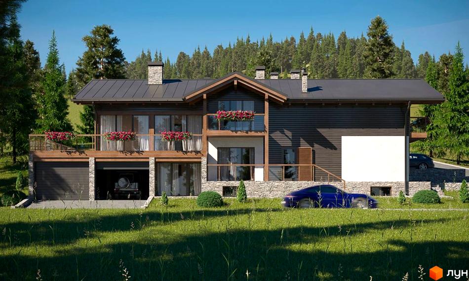 Таунхаус Swiss Chalet в оточенні лісу з гаражем та автомобілем на подвір'ї. Двоповерхова будівля з дерев'яними елементами та кам'яним оздобленням.