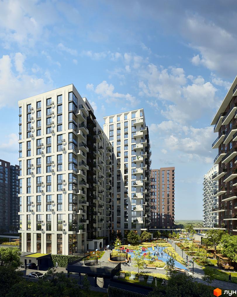 Житловий комплекс Central Park Vinnytsia з білими фасадами та балконами, поруч дитячий майданчик та зелена зона.