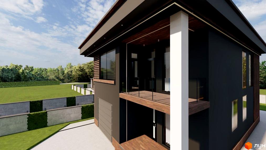 КМ Новий Хутір: двоповерховий будинок з темним фасадом, дерев'яними вставками та балконом. Навколо зелений газон, дерева та паркан.