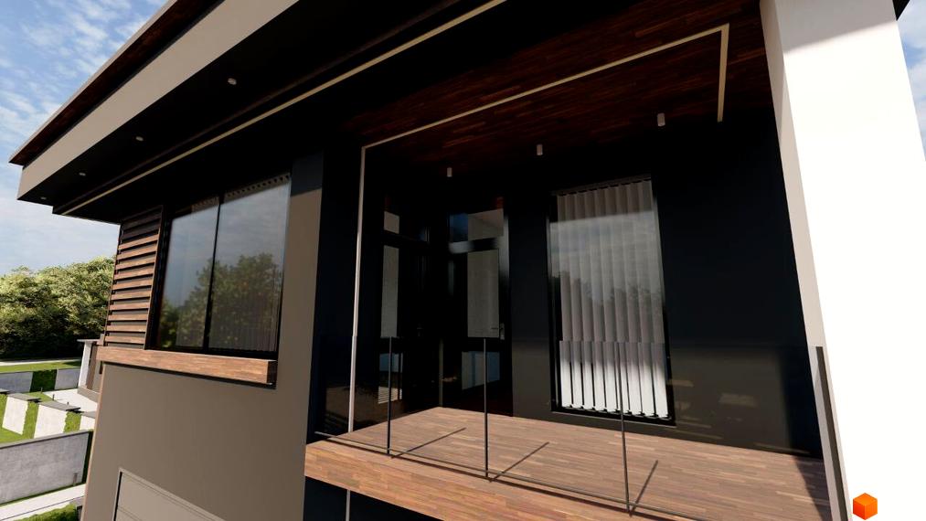 Будинок Котеджного містечка Новий Хутір з темними стінами, балконом з дерев'яною підлогою та великими вікнами. Навколо видно ландшафт з зеленню.