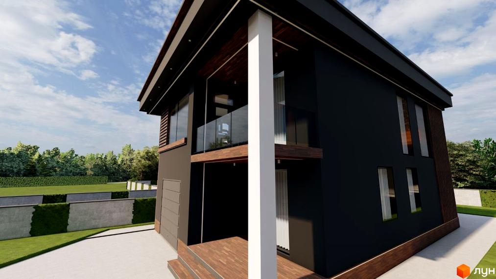 Зображення двоповерхового будинку в Котеджному містечку Новий Хутір з великими вікнами та дерев'яним оздобленням. Подвір'я з газоном.