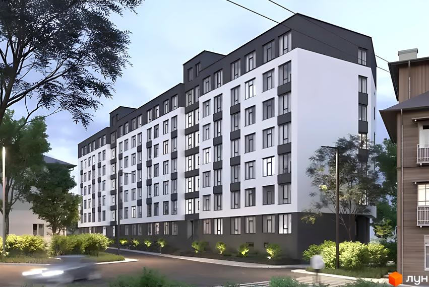 Новобудова Грушевський: багатоповерховий будинок з білим фасадом та темними вікнами. Територія навколо з зеленими насадженнями та вуличними ліхтарями.