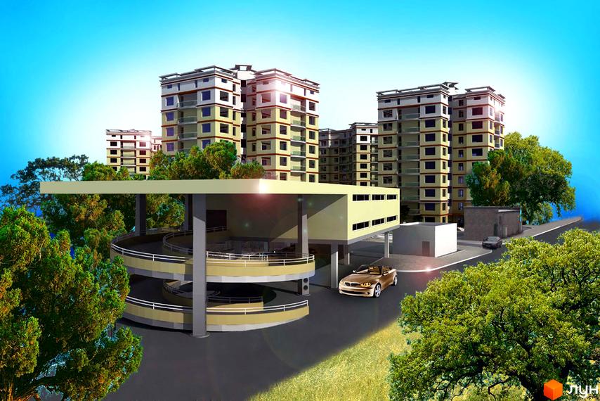 Житловий комплекс Новий дім Котлова з сучасними будинками та прибудинковою територією з зеленими насадженнями.