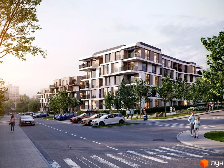 Житловий комплекс Варшавський deluxe - це багатоповерховий будинок з балконами та паркінгом. На прибудинковій території розташовані дерева та пішохідні доріжки.