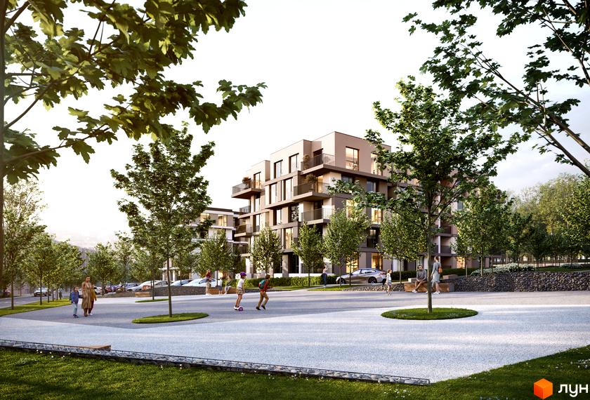 Житловий комплекс Варшавський deluxe з балконами та панорамними вікнами, оточений деревами та зеленою зоною для відпочинку.