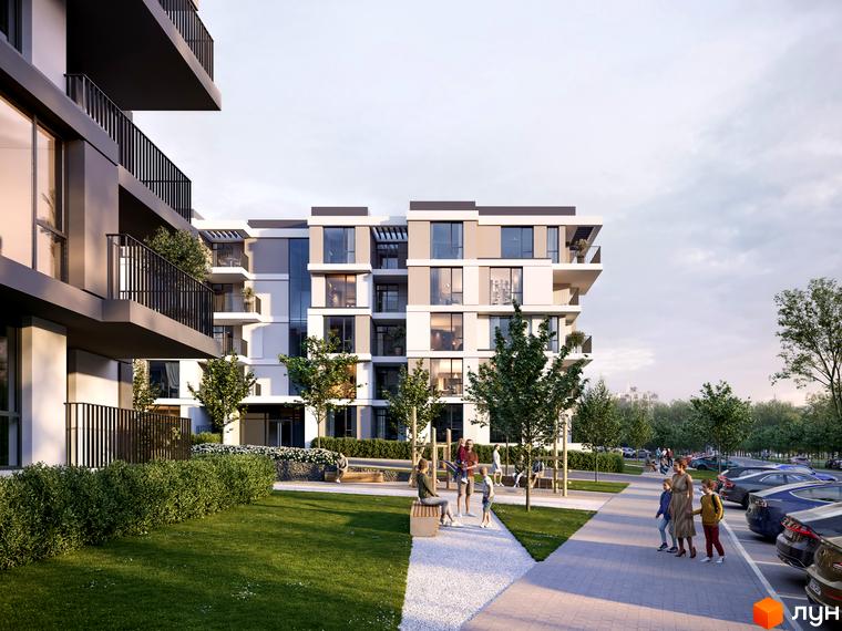 Житловий комплекс Варшавський deluxe з фасадами з сірих та бежевих панелей, балконами та великими вікнами. Поруч розташований зелений двір з дитячим майданчиком та парковкою.