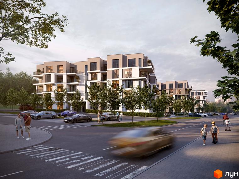 Житловий комплекс Варшавський deluxe з фасадами білого та сірого кольору, балконами та прибудинковою територією з деревами та дорогою.