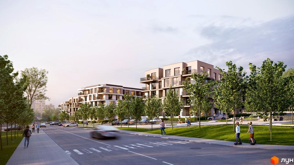 Житловий комплекс Варшавський deluxe: фасади будівель з балконами та панорамними вікнами, зелена прибудинкова територія з деревами та пішохідною зоною.