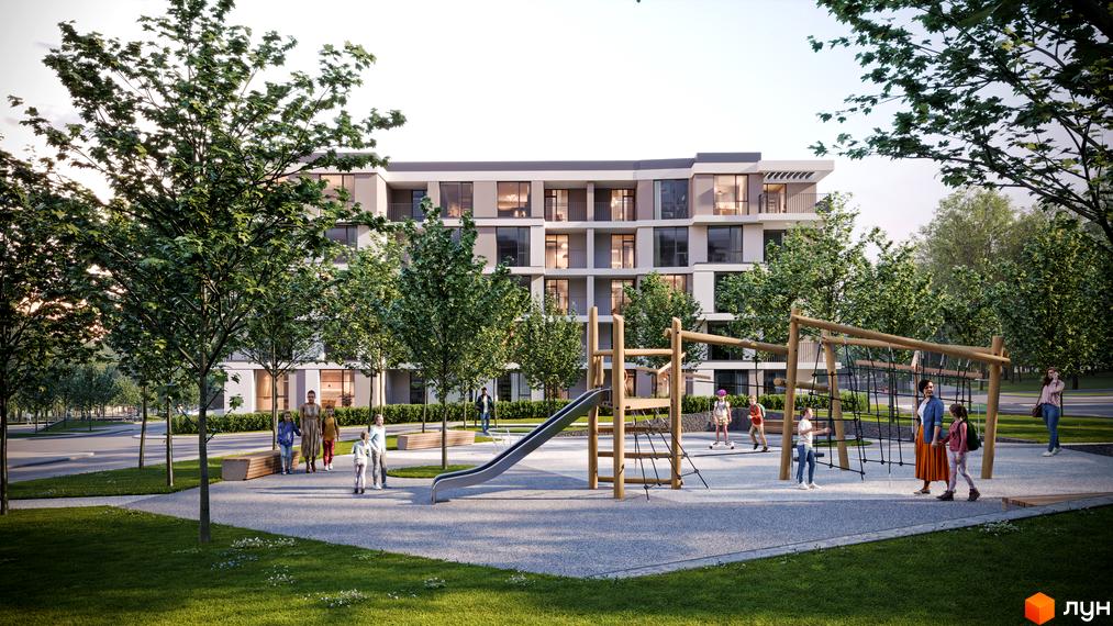 Житловий комплекс Варшавський deluxe з дитячим майданчиком та зеленими насадженнями. Сучасна архітектура будівлі та облаштована прибудинкова територія.