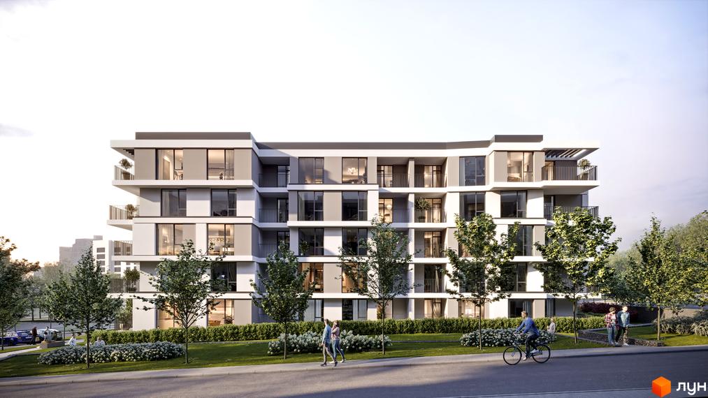 Житловий комплекс Варшавський deluxe – це сучасна новобудова з балконами та великими вікнами, оточена зеленим сквером з доріжками для прогулянок.