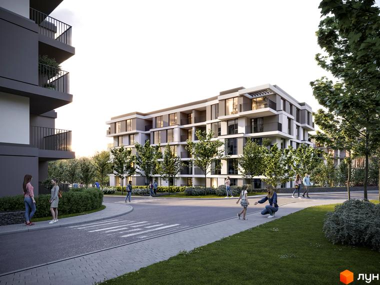 Житловий комплекс Варшавський deluxe – сучасна архітектура та зелена прибудинкова територія. На зображенні видно фасад будинку та зону відпочинку.