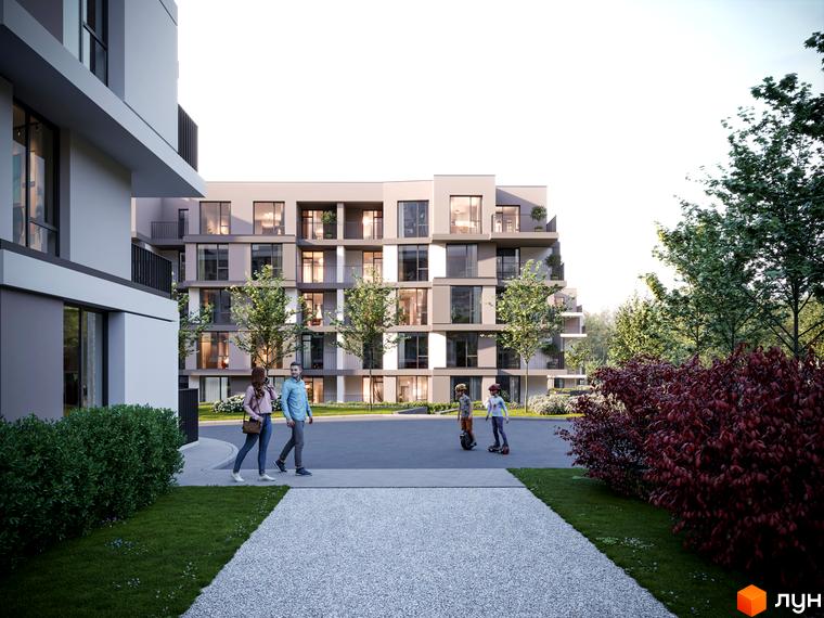 Житловий комплекс Варшавський deluxe з фасадами сірого та бежевого кольору, балконами та великими вікнами. На прибудинковій території зелені газони, дерева та зона для відпочинку.
