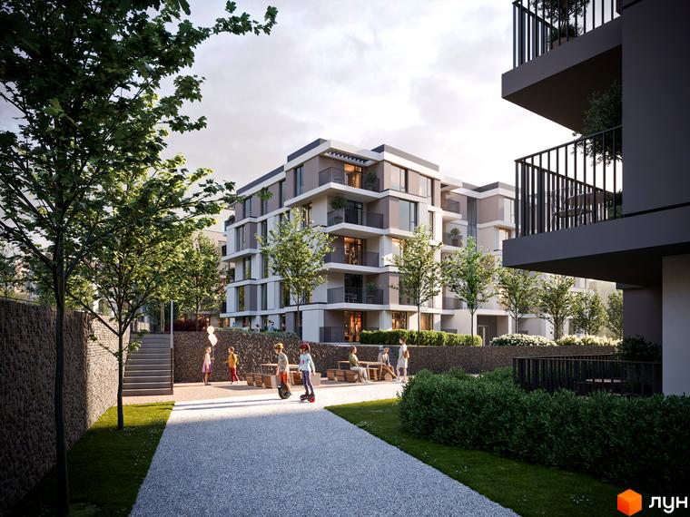 Житловий комплекс Варшавський deluxe: сучасні будівлі з балконами та прибудинкова територія з деревами та зонами відпочинку для дітей та дорослих.