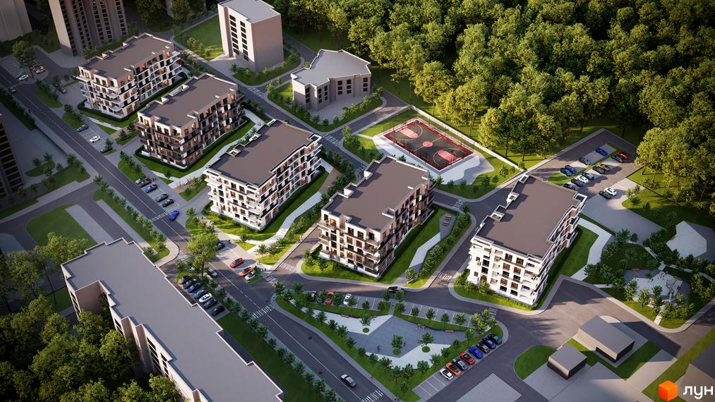 Житловий комплекс Варшавський deluxe з сучасними фасадами та балконами, оточений зеленою зоною з дитячим майданчиком та спортивним полем.