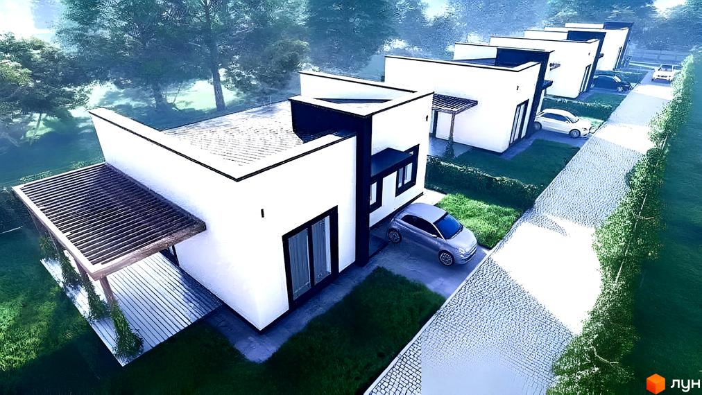 Котеджне містечко КМ White Houses: білі будинки з пласкими дахами та навісами, прибудинкова територія з газоном та доріжками.