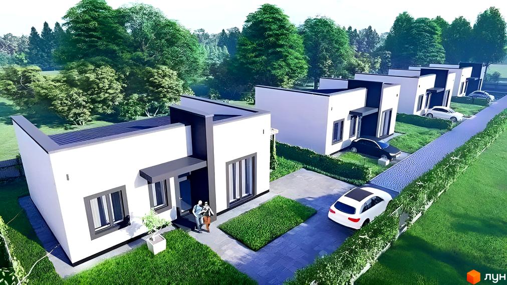 Котеджне містечко КМ White Houses. Білі будинки з чорними елементами та плоским дахом, розташовані на доглянутій зеленій території з доріжками та автомобілями.