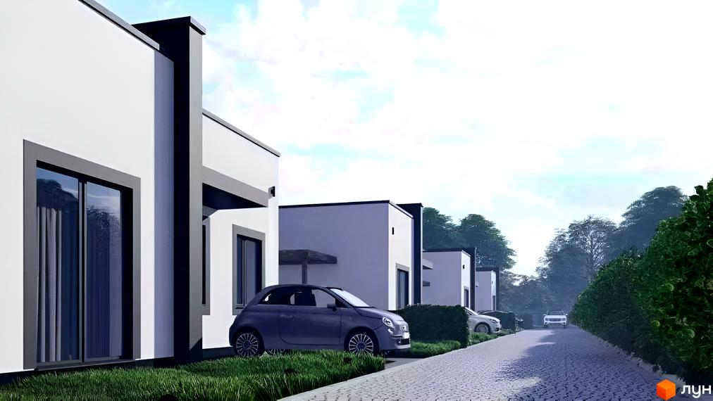 Котеджне містечко White Houses: білі будинки з темними віконними рамами та сірою обробкою, розташовані біля вимощеної дороги та зелених насаджень.