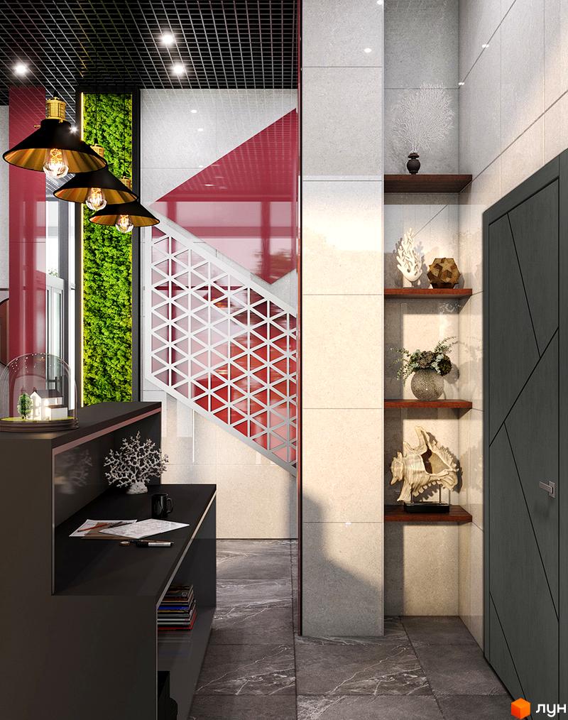 Інтер'єр новобудови ЖК Синергія Київ з вертикальним озелененням та сходами з геометричним візерунком. Сучасний дизайн приміщення з акцентом на природні елементи та світлі тони.