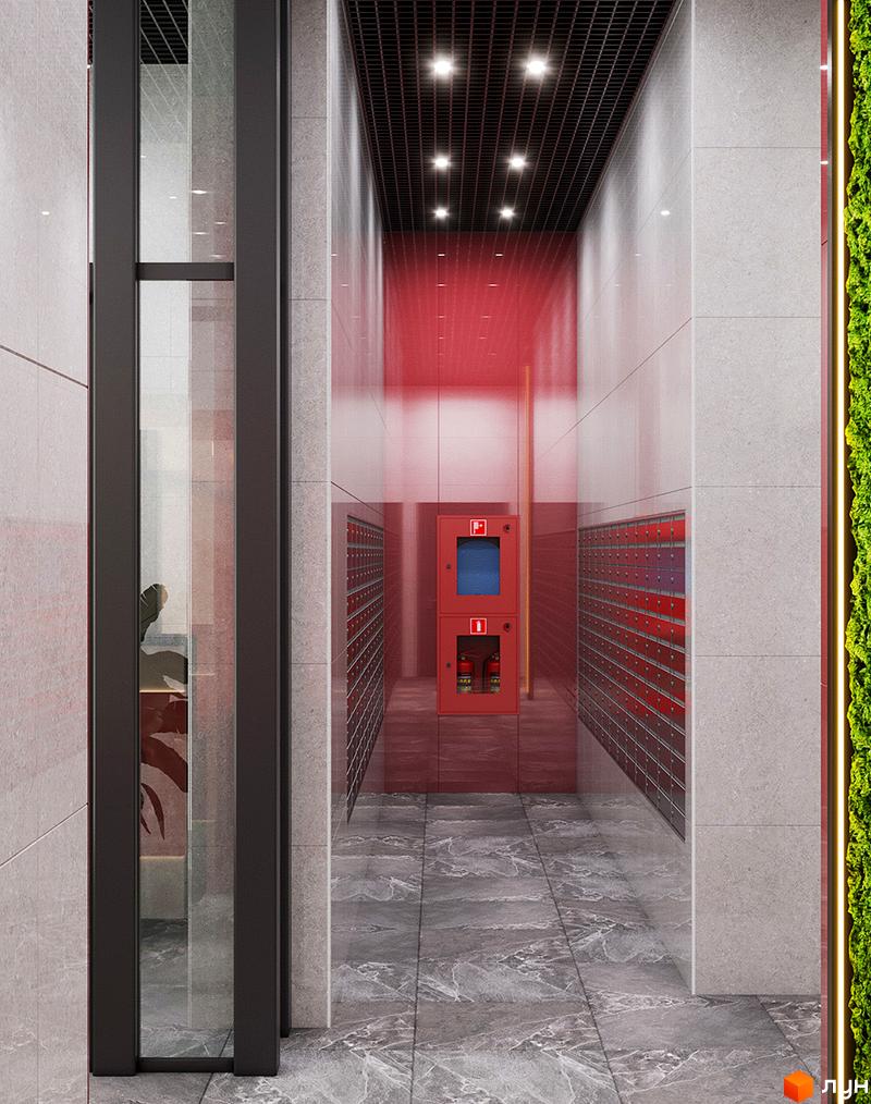 Інтер'єр холу Житлового комплексу Синергія Київ з поштовими скриньками та пожежним щитом. На стіні вертикальне озеленення.