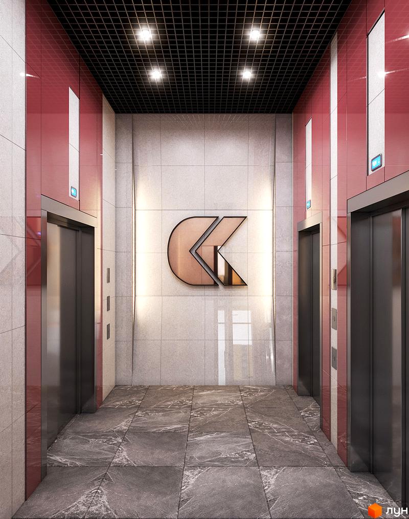 Інтер'єр холу з ліфтами в Будівельному проєкті Синергія Київ. Вигляд оздоблення стін та підлоги, освітлення.