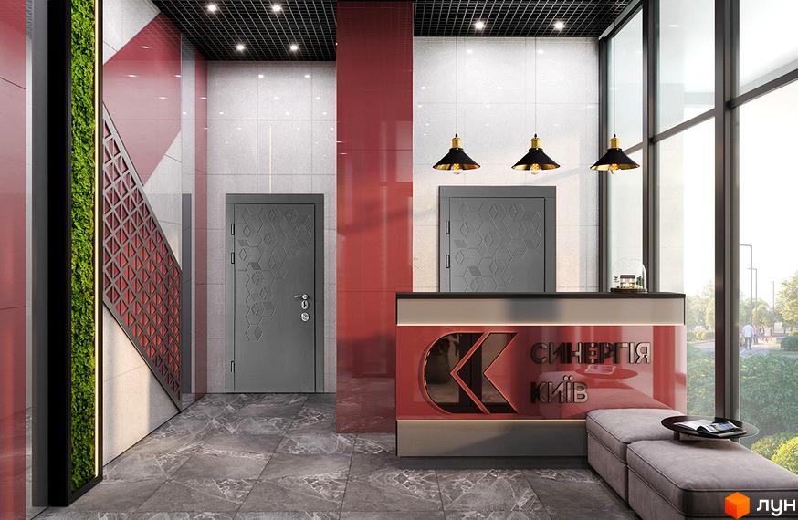 Інтер'єр вхідної групи Житлового комплексу Синергія Київ з ресепшеном, дверима та декоративними елементами.