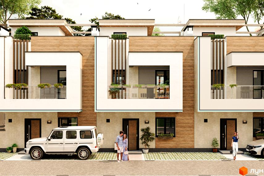 Таунхауси Lisopark з білими фасадами, дерев'яними вставками та скляними балконами. Біля будинків розташовані автомобілі та зелені насадження.